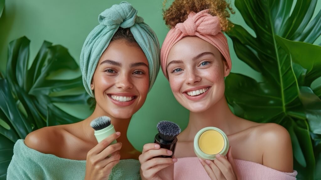 women-holding-beauty-products-vibrant-green-backdrop-perfect-skincare-cosmetic-advertisements Large